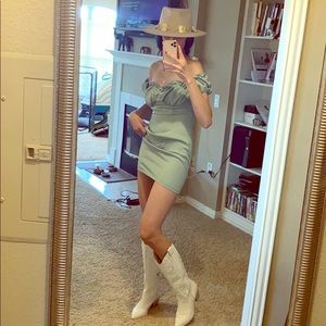 Sage green dress $70, cowboy hat, cowboy boots